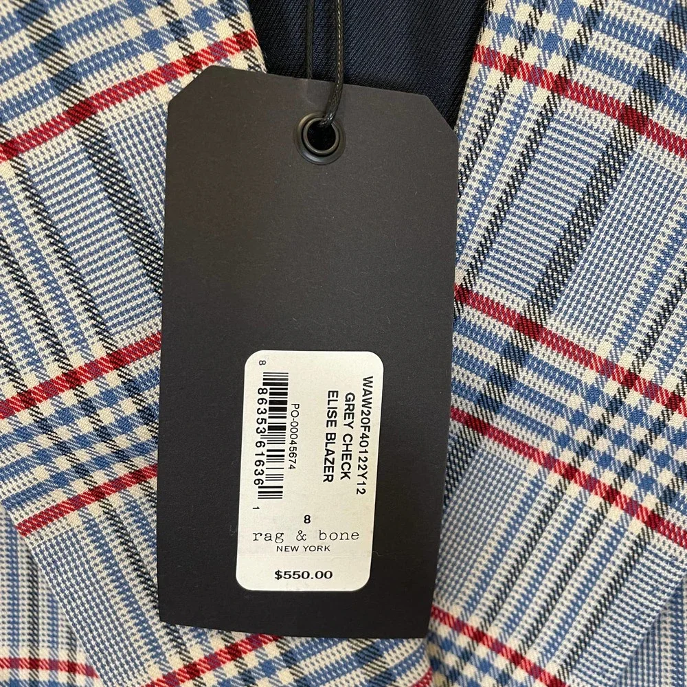 Rag & Bone Elise Wool Check Blazer Jacket Gray Blue Red White Plaid NWT 8 - Picture 4 of 8